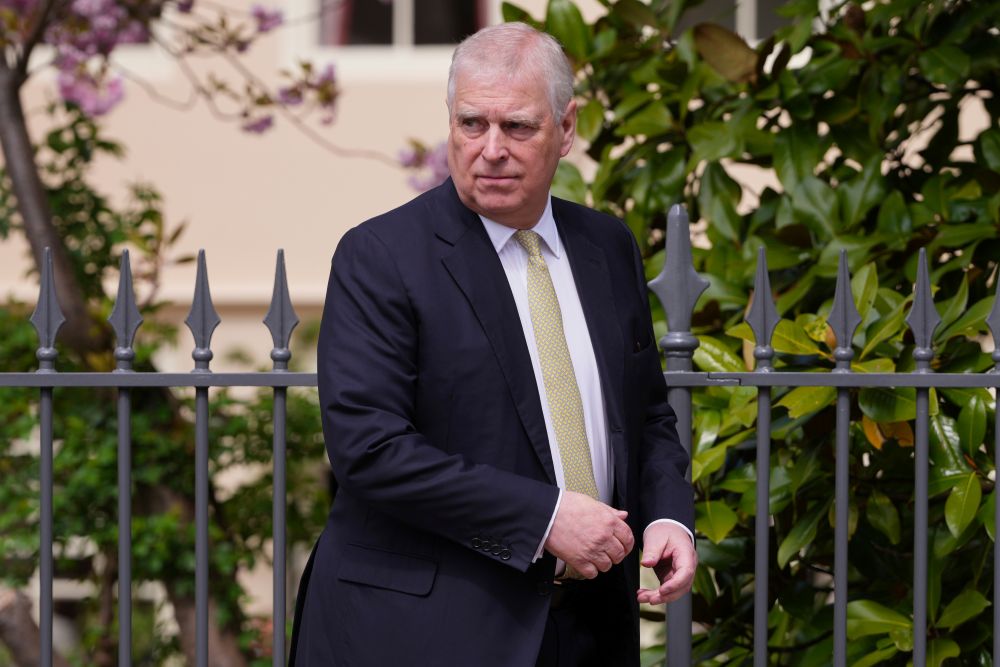 Prince Andrew looks round as he leaves after attending the Easter Matins Service at St. George's Chapel, Windsor Castle, England, April 20, 2025. (AP)